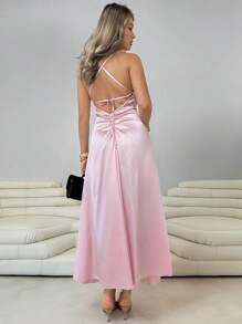 Roylia 女士优雅鱼尾连衣裙，细肩带，紧身，露背系带设计，夏季长裙 - 粉色 - 查看 2