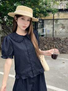 DAZY 女士休闲水洗泡泡袖衬衫和宽松牛仔裙两件套，返校服装 - 藍色 - 查看 3