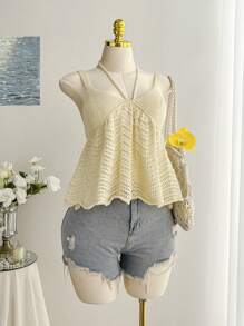 Comfortcana Plus Size Yellow Hollow-Out Knit Top, Suitable For Summer Vacation - Yellow - View 3