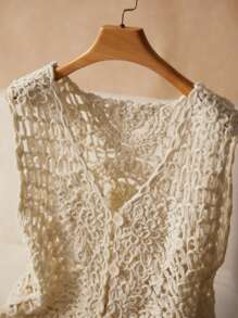 Elaquor 大码女式休闲节日纽扣针织背心 - 杏色 - 查看 5