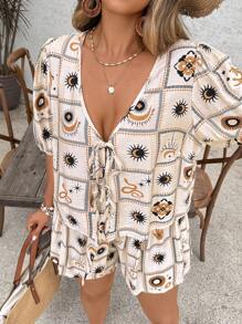 SHEIN VCAY Plus Size Women's Checkered & Retro Print Shorts Set, Tie Front Bow Blouse And Shorts Comfy 2 Pieces Outfit, Summer Vacation Outfits Woman  Vacay Outfits Women Beach Outfits For Women Holiday Outfits  Summer Outfits City Break Outfits Boho Chic Boho Style European Summer Island Vacation Outfits Honeymoon Outfits  Birthday Outfits For Women Old Money Mujer Miami Outfits  Saint-Tropez Outfits Tulum Outfits  South Beach Outfits Santorini Greece Outfits Amalfi Coast Outfits   Ibiza Outfits  Island Girl Plus Brunch Outfits Airport Outfit Club Outfits Women Teacher Outfits For Women Western Clothes For Women Western Wear Women Plus