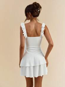 White Solid Color Sexy Deep V-Neck Ruffled Asymmetric Hem Slip Dress For Women, Vacation Dress, Graduation Dress, Bridesmaid Dress, Spring/Summer