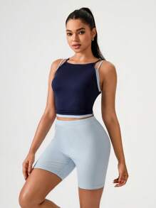 Hanevo 2 件套女士撞色无袖上衣和修身短裤套装 - 藍色 - 查看 6