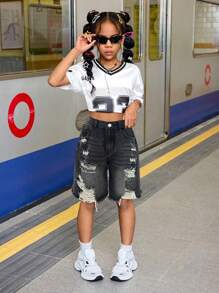 SHEIN Tween Girl Y2K 高腰宽松破洞柔软牛仔百慕大短裤，带毛边下摆，夏季骑行短裤，波西米亚风海滩音乐会狂欢节，女孩可爱夏季短裤毕业 - 灰色 - 查看 6