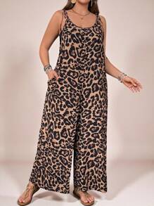 SHEIN VCAY Mono tipo salto de tiras de espagueti con espalda atada, de estilo vintage con estampado de leopardo, suelto, ideal para vacaciones de primavera/verano, reuniones con amigos, picnics al aire libre, festivales de música, talla grande - Multicolor - Ver 6