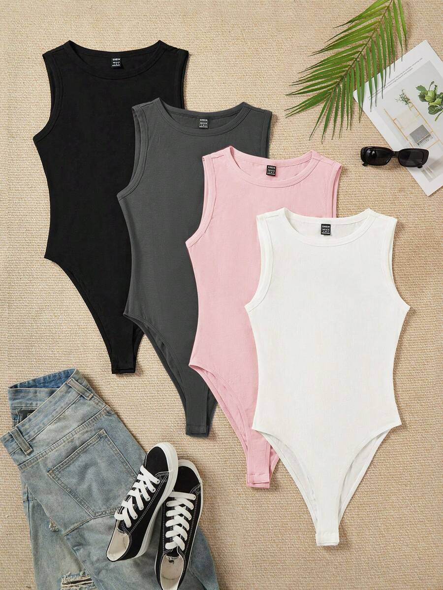 SHEIN EZwear 4 件套黑色、深灰色、粉色、白色女士圆领紧身衣背心,适合夏季 - 彩色 - 查看 1