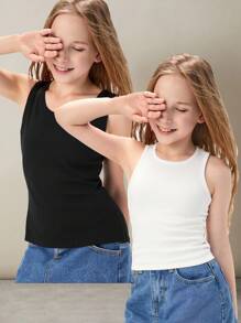 SHEIN Teen Girls 2pcs Ribbed Knit Solid Tank Top
