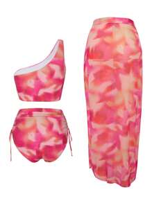 Swim Oasis Plus Size Women's 3-Piece Pink Asymmetrical Shoulder Fashion Elegant Beach Vacation Floral Print Bikini Set With Sarong Beach Outfit For Summer, For Going Out - Pink - View 2
