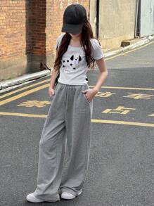 DAZY Pantalones de chándal informales con cordón y bolsillo, sueltos, para adolescentes, color gris, ropa de vuelta al cole
