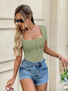 SHEIN LUNE 纯色纹理提花方领短袖蝴蝶结装饰迷你女式 T 恤，春夏 - 綠色 - 查看 5