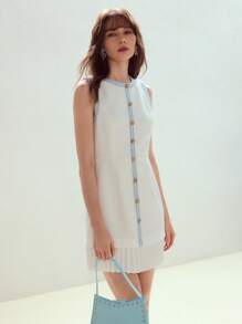 MOTF STUDIO CONTRAST TAPE TRIM PLEATED HEM DRESS - White - View 4