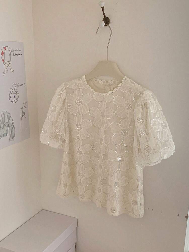 Women's Summer Textured Fabric Round Neck Puff Sleeve Casual Sequin Patchwork Decor Elegant Party Style Short Sleeve Blouse,Back To School Clothes