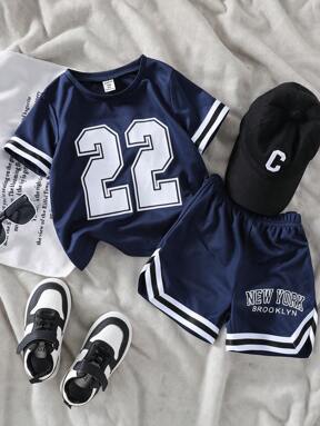 SHEIN Playful Pals 2pcs/Set Young Boy Sports Casual Round Neck Short Sleeve Numeric Print T-Shirt And Printed Sports Shorts Outfit With Tape Decor, Suitable For Spring/Summer Daily Wear, Sports, Outdoor, School, Party, Vacation