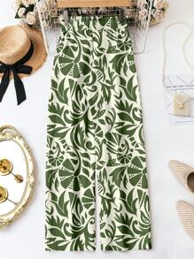 SHEIN LUNE Pantalones largos casuales con cintura con cordón y estampado de hojas, adecuados para primavera y verano