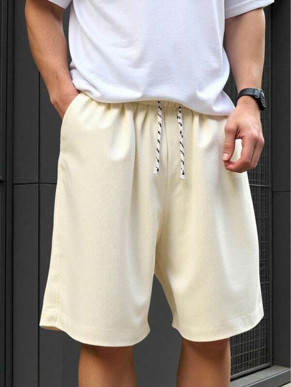 Tween Boys' Minimalist Solid Beige Textured Casual Shorts, Comfortable College Style, Versatile And Practical, Soft Material, Suitable For Daily Wear, School, Travel, Outdoor Sports, Spring/Summer