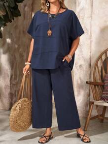 EMERY ROSE Conjunto de 2 piezas de talla grande para mujer con blusa de manga murciélago de cuello redondo azul marino y pantalones con bolsillos para el verano - Azul Marino - Ver 2