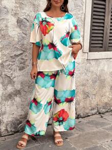 EMERY ROSE 流行女式休闲优雅编织花卉印花荷叶边领宽松套头衫和松紧腰阔腿长裤两件套，加大码夏季 - 杏色 - 查看 3