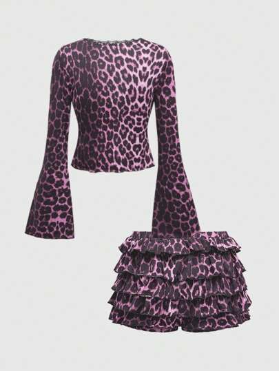 Kawaii 2 pièces Set de cardiganà nœud avec imprimé léopard vintage Y2K et short à volants pour femmes