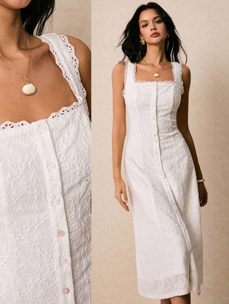 Poéselle 白色蕾丝连衣裙，纽扣设计，女士纯色蕾丝拼接方领休闲无袖连衣裙，女士休闲连衣裙，女士连衣裙，优雅礼服，工作夏季连衣裙。 - 白色 - 查看 1