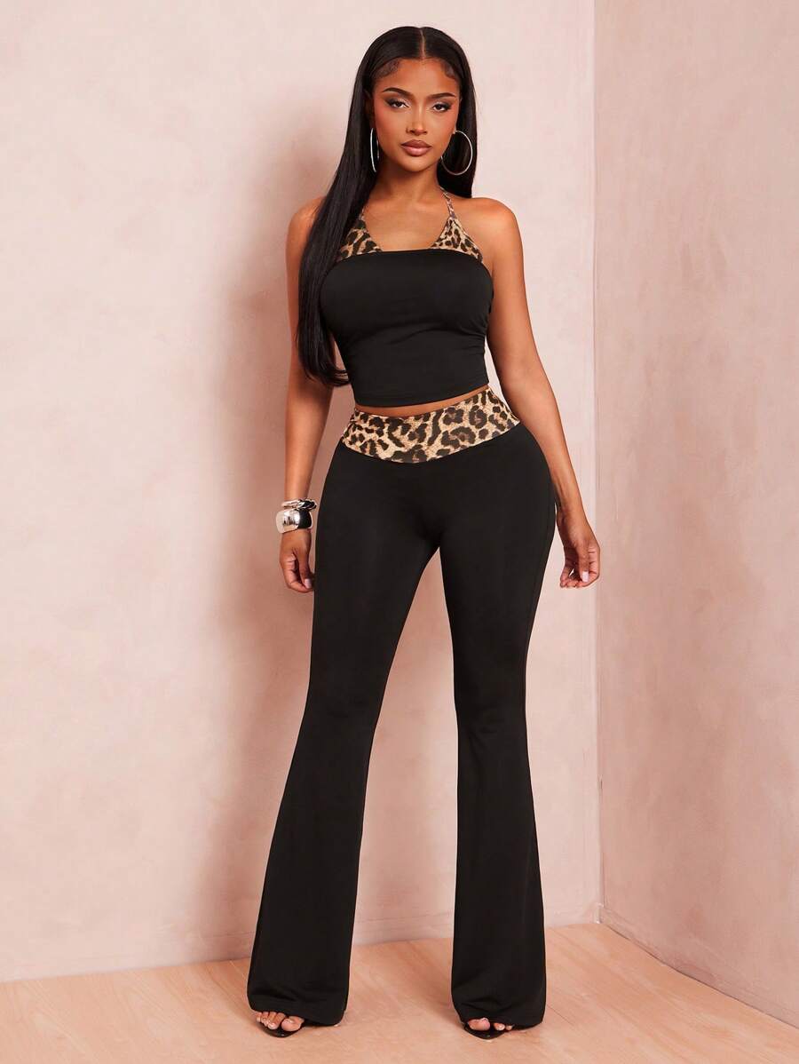 Radiana 2pcs/Set Women Y2K Casual Street Style Black Patchwork Leopard Print Camisole Top And Super Low Waist Long Pants, Spring/Summer - Black - View 1