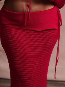 SHEIN X Phaith Montoya MUSERA 加大码中腰不对称翻边系带钩针编织长裙，夏季度假泳装沙滩性感浪漫优雅 - 紅色 - 查看 5