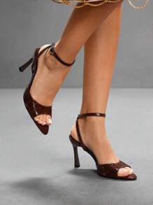 CUCCOO SZL 女士时尚纯色尖头优雅通勤高跟凉鞋 - 棕色 - 查看 2