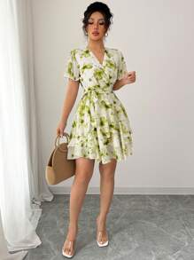 Rafferiza Printing V-Neck Ruffle Sleeve Spring Women Dress - Green - View 6