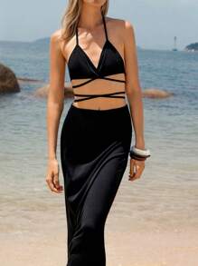 Swim Chiccia Women's Sexy Bandeau Crop Top & Form-Fitting Skirt Set - Black - View 3