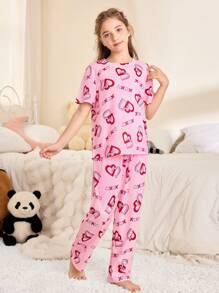 SHEIN 少女心印花圆领短袖上衣和长裤睡衣套装 - 粉色 - 查看 4