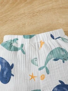 SHEIN Vintaside Kids Baby Boy Cute Ocean Animal Print Round Neck Button Short Sleeve T-Shirt, Shorts And Sun Protection Hat 3pcs/Set, Casual