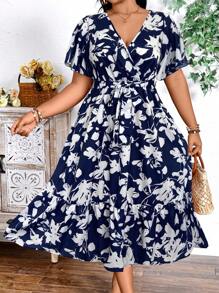 SHEIN Plus Size Holiday Floral Print Dress Maxi Women Outfit - Navy Blue - View 3