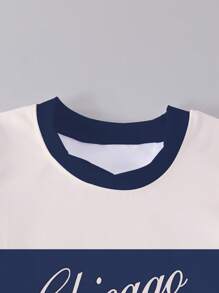 SHEIN Playful Pals 1 套婴幼儿男童运动风格服装，白色和蓝色拼色 T 恤印有“芝加哥 23”和“美国”，短袖设计搭配短裤，适合休闲运动和玩耍，春夏季 - 彩色 - 查看 5