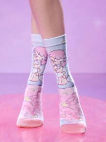 Pop Mart Azura X SHEIN 3 Pairs Cartoon Pattern Fashion Gradient Color Macaron Soft Breathable Sweat-Absorbing Women's Elastic Crew Socks, Printed Patterns Suitable For Spring, Summer, Autumn; Purple & Pink Bear Print Mid-Calf Socks, Rainbow Cloud Breathable Soft All-Season Socks For Women