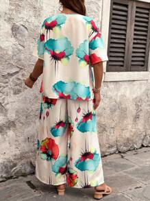 EMERY ROSE 流行女式休闲优雅编织花卉印花荷叶边领宽松套头衫和松紧腰阔腿长裤两件套，加大码夏季 - 杏色 - 查看 2