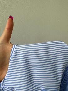 SHEIN Unity 蓝白条纹翻领纽扣前部无袖腰部修身 A 字连衣裙，办公室女士优雅日常街头休闲夏季女装 - 藍色 - 查看 8