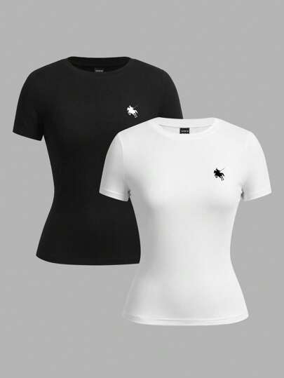 SHEIN EZwear Set de 2 camisetas de manga corta cuello redondo casuales y minimalistas con estampado de logotipo de caballo para primavera/verano