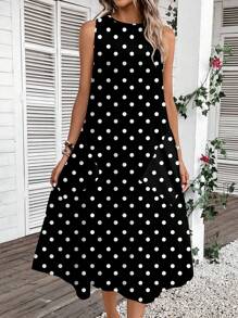 SHEIN LUNE Women Casual Midi Polka Dot Print Dress, Suitable For Spring/Summer Vacation Dress Suitable For Going Out Chic Dress