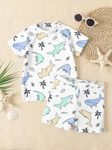 Sharks, Holiday, Vacation, Coconuts, Baby Boy Graphic Casual Slim Fit Round Neck Short Sleeve & Shorts Swimwear Set, Suitable For Summer - Multicolor - View 2
