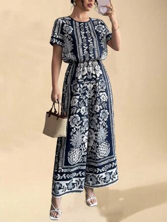 Vesra 女士 Defined Shadow 花卉印花短袖衬衫式连体裤，适合度假穿着