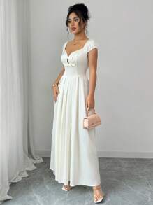 Elenzga Vestido largo elegante para invitadas a bodas o fiestas, de estilo francés romántico y alta gama, de satén, con cuello con lazo, cintura entallada y falda plisada en línea A, para primavera/verano - Albaricoque - Ver 4