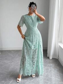 Roveilla 法式优雅蕾丝连衣裙，奢华镂空刺绣修身A字长裙 - 綠色 - 查看 5