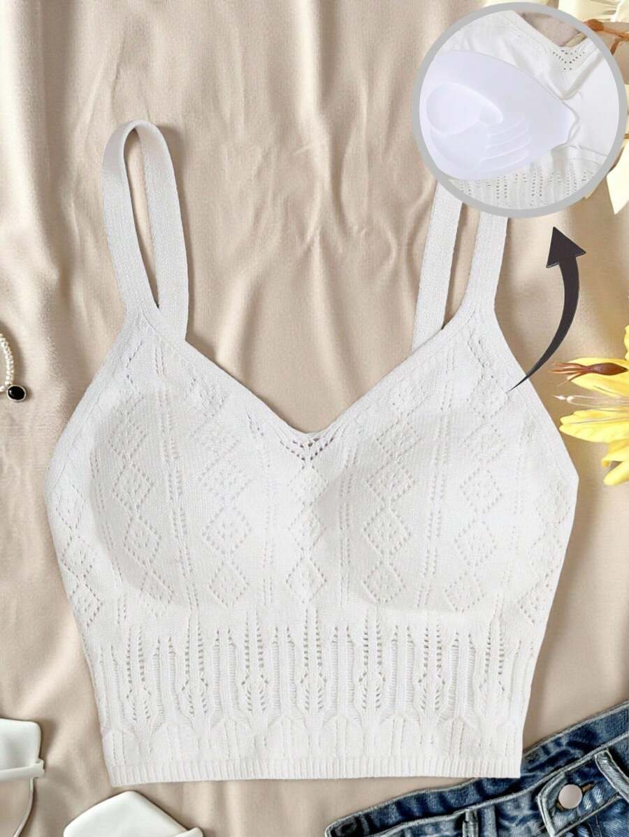 SHEIN 少女白色針織鉤針空心細肩帶緊身露肚上衣，適用於海灘度假
