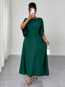 Maweii Váy xòe bất đối xứng màu tím thanh lịch & thời trang cỡ lớn cho nữ, tay áo 3/4, eo thắt chặt, viền loe không đối xứng, thích hợp cho các buổi hẹn hò và tiệc tùng - Màu xanh lá cây đậm - Xem 5