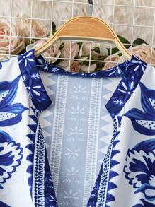 Rometta 大码女式V领长袖花卉图案优雅连衣裙 - 藍白色 - 查看 4