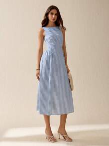 SHEIN Tall Crewneck Sleeveless Smocked Waist Flared Striped Midi Dress, Cotton Material For Casual Summer Holiday Elegant Outing, Blue And White Summer Dresses For Women Vacation Outfits Woman Beach Outfits For Woman Dresses For Women Elegant Sundress Business Casual Woman - Blue and White - View 6