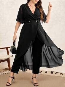 SHEIN Clasi Plus Size Women 2 Pieces Set: Solid Color Double-Breasted Ruffle Hem Long Blouse & Pants, Elegant - Black - View 8