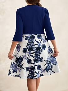 SHEIN Clasi Vestido de talla grande 2 en 1 elegante con estampado floral de contraste de color