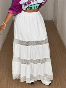 Maweii 1 pieza Falda elástica de cintura alta con parche de encaje, unicolor, moda casual de uso diario para mujer de talla grande, primavera/verano - Blanco - Ver 5