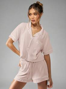 MISSGUIDED 豪华网眼罗纹纽扣短袖睡衣套装家居服睡衣睡衣柔软舒适夏季舒适 - 淺粉色 - 查看 1