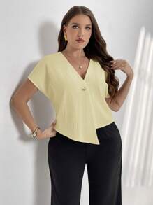 Firerie 大码女式V领露肩袖不对称下摆衬衫，休闲简约纯色夏季女式上衣，教师款 - 黃色 - 查看 5